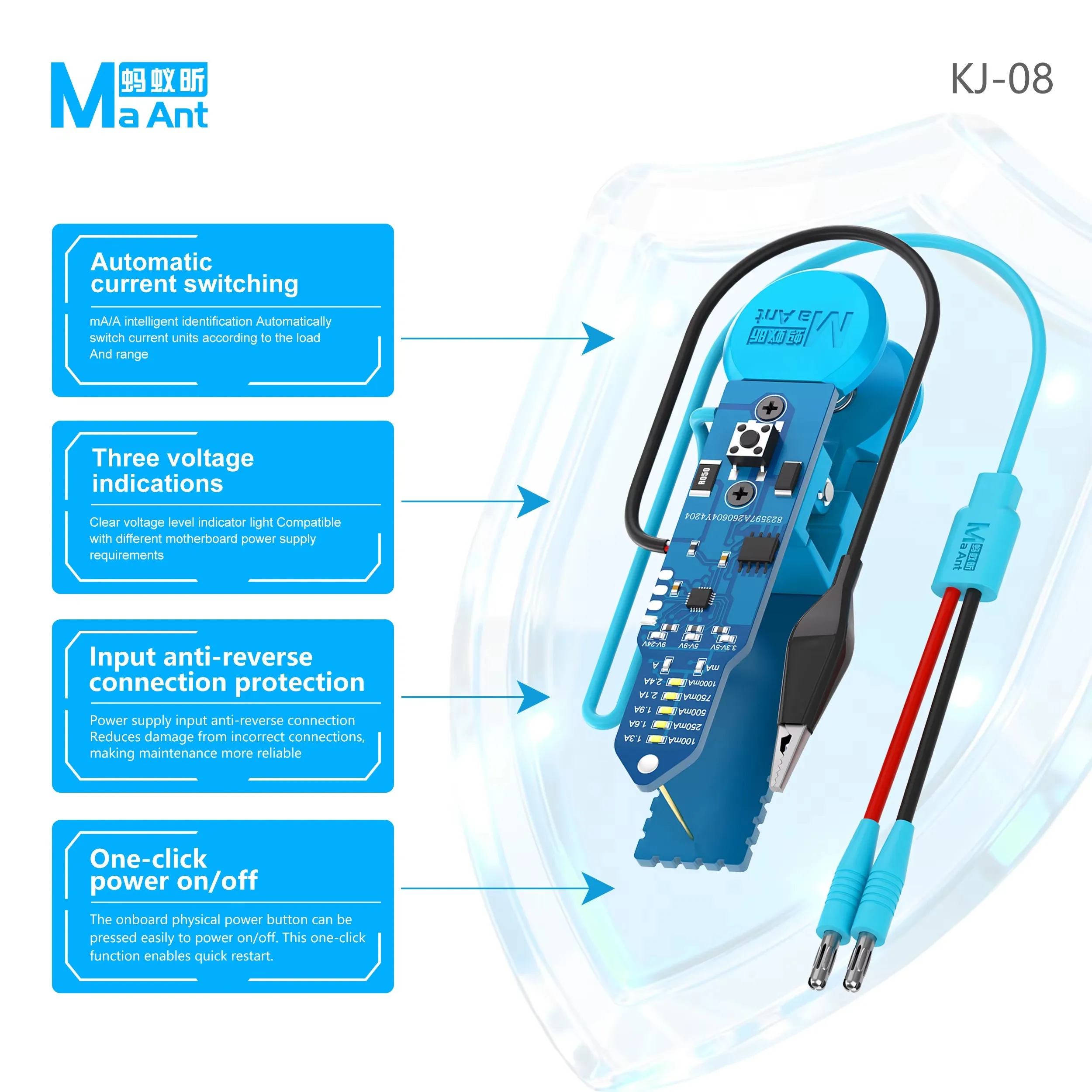 MaAnt KJ-08 Universal Power Supply Test Clip No Solder One Click On Off for Mobile Phones Motherboard Startup Test Repair Tool