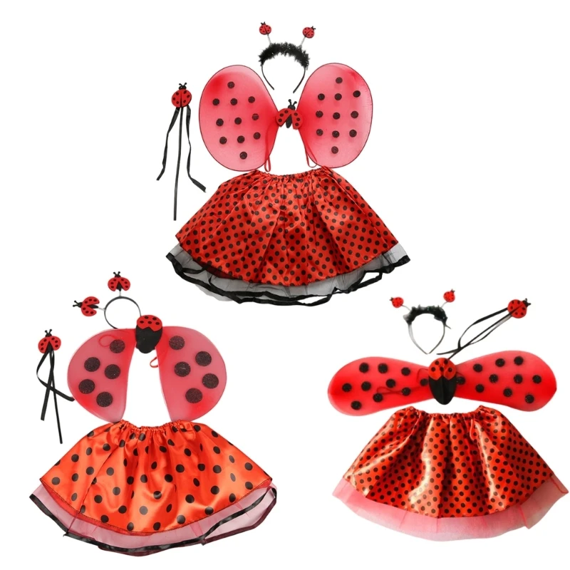 4Pcs Lady Bugs Costume Star Wands Tutus Skirt Ladybird Wing Ladybird Headbands Fancys Dress up Outfit Ladybird Suit Kids