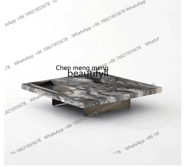 182Q Italian Minimalist Designer Brown Natural Marble Square Coffee Table Living Room Stainless Steel Brushed Base