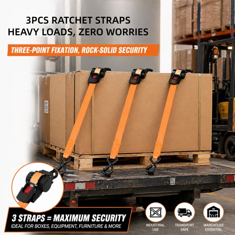 

3-Piece Set of Automatic Retractable Ratchet Straps with Telescoping Double-S Hooks—Multifunctional Strapping Straps