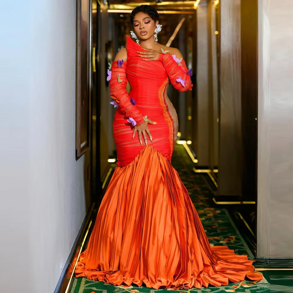 대비색 플러스 사이즈 이브닝 드레스 오프숄더 비즈 스팽글 드레이프 머메이드 프롬 드레스 나비 장식