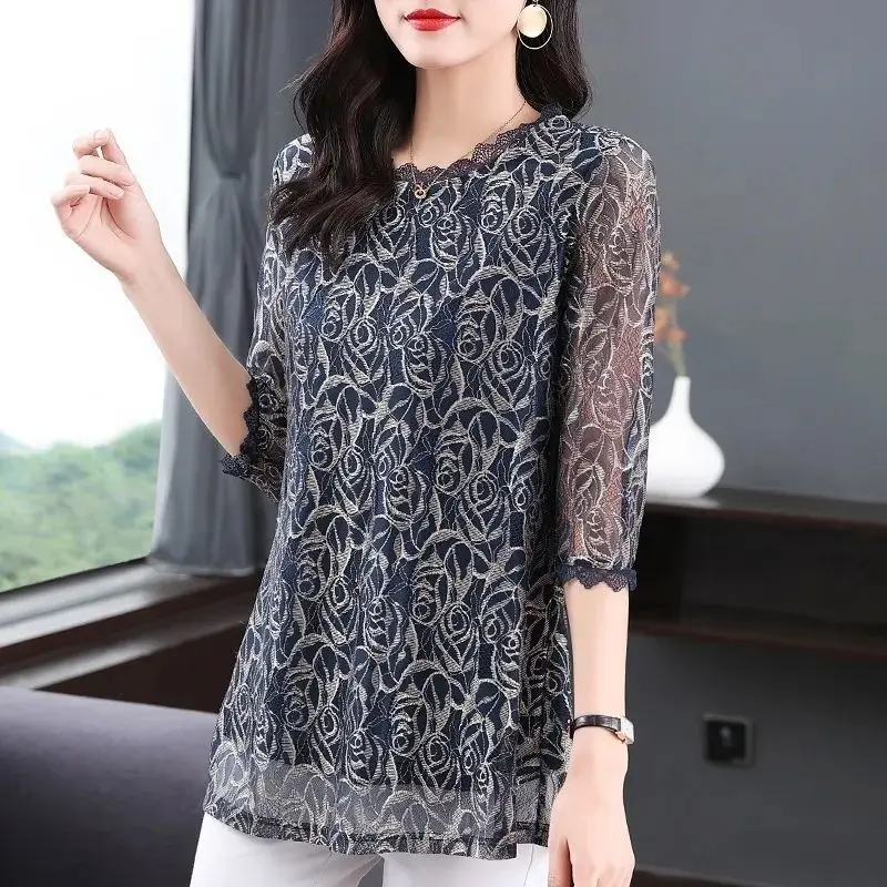 Fashion Women Spring Summer Style Gauze Hollow Out Blouses Female Casual 3/4 Sleeve Print Loose Shirt Elegant Ladies O Neck Tops