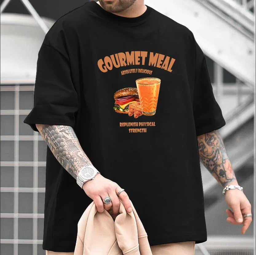 Men Oversized T Shirt Gourmet Meal Burger Juice Croissant Print Crew Neck Short Sleeve Casual Street Loose Tee