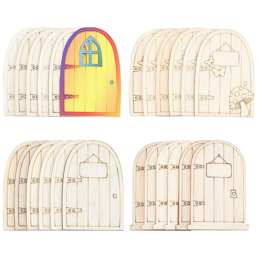 40 Pcs Unpainted Fairy Themed Mini Door Shape Wooden Pieces, 4 Patterns Wood Fairy Garden Door Miniature DIY Craft