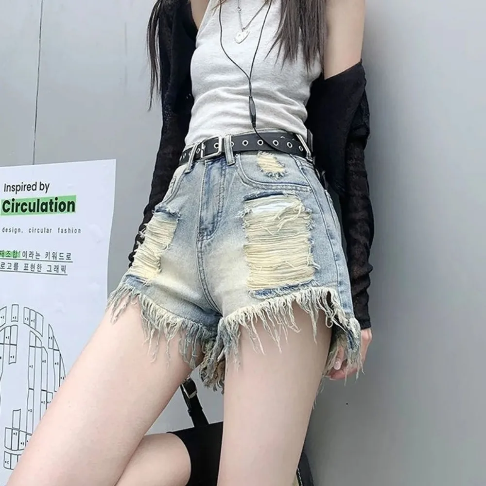 High Waisted Hot Pants Invisible Open Crotch Outdoor Sex Do Old Hole Torn Denim Shorts Women\'s Loose Slimming