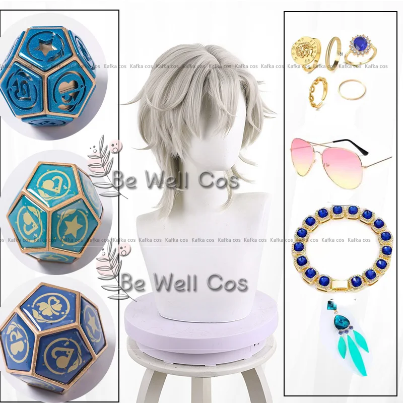 Honkai Star Rail Aventurine Cosplay Wig  Short Hair Sunglasses Earrings Bracelet Dice Rings Chip For Halloween Men Women