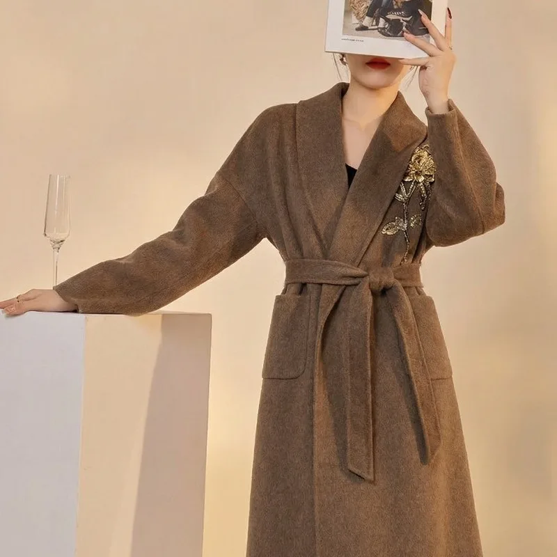 Winter Brown High-end Thorn Wool Coat Belt Design Fashionable Women's Cardigan Woolen Jacket