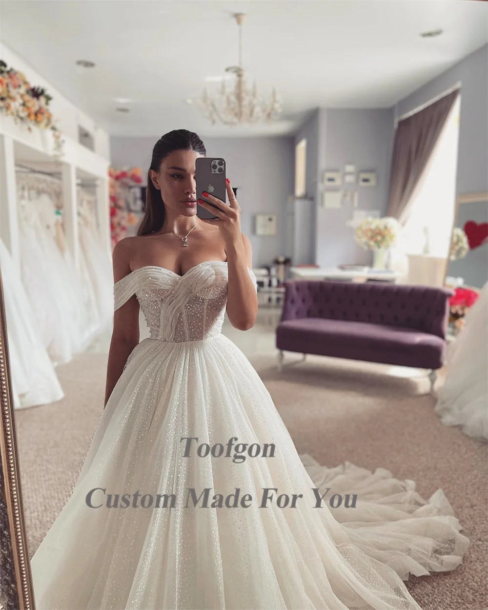 Toofgon A Line abiti da sposa in Tulle lucido per la sposa al largo della spalla abiti da sposa da donna abito da festa Princess robe de mariée