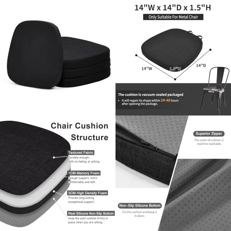 

14x14 Memory Foam Metal Chair Cushions Set of 4, Dual-Layer Design Non-Slip Metal Dining Chair Pads Kitchen Seat Cushion with M
