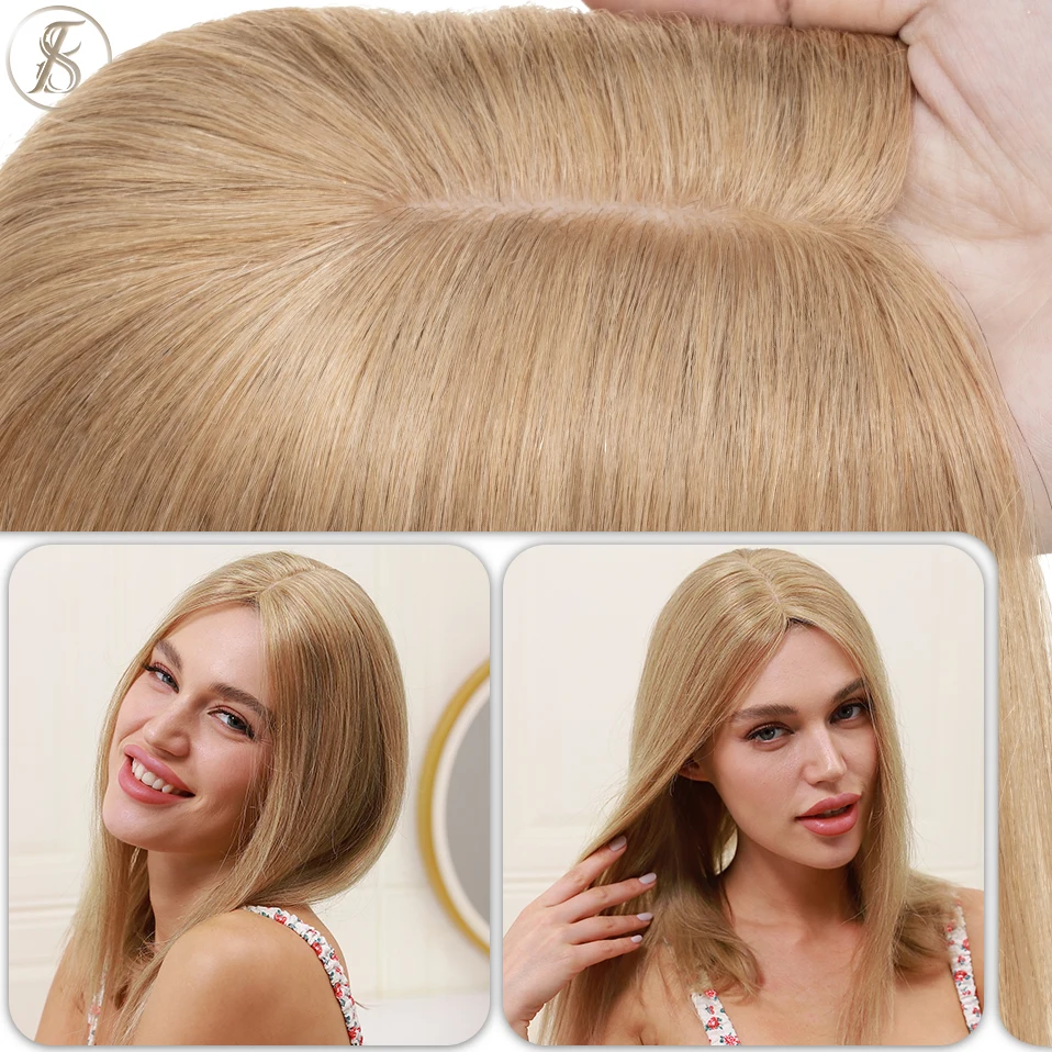 TESS-Coberturas De Cabelo Naturais Para Mulheres, 100% Cabelo Humano, Base De Seda, Clipe Loiro, Extensões De Cabelo, Coberturas Com Grampos De