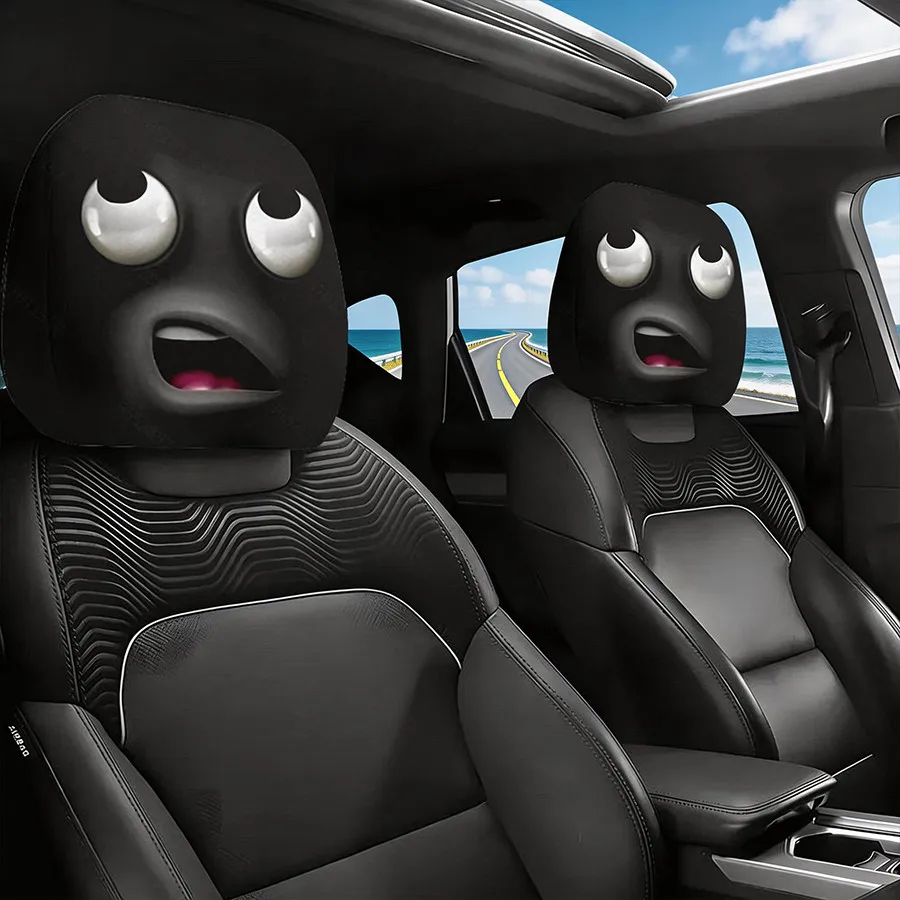 2PCS-2D Surprised Cartoon Face Car Headrest Cover - Funny Expression Headrest Protector Universal Fit Auto Interior Decor