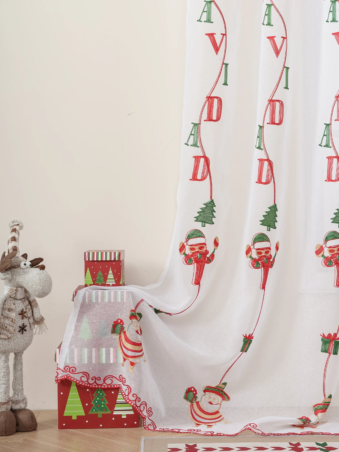 1PC Cartoon Santa Claus Christmas Lace Embroidered Thin Curtain for Bedroom And Living Room Holiday Decorative Window Treatment