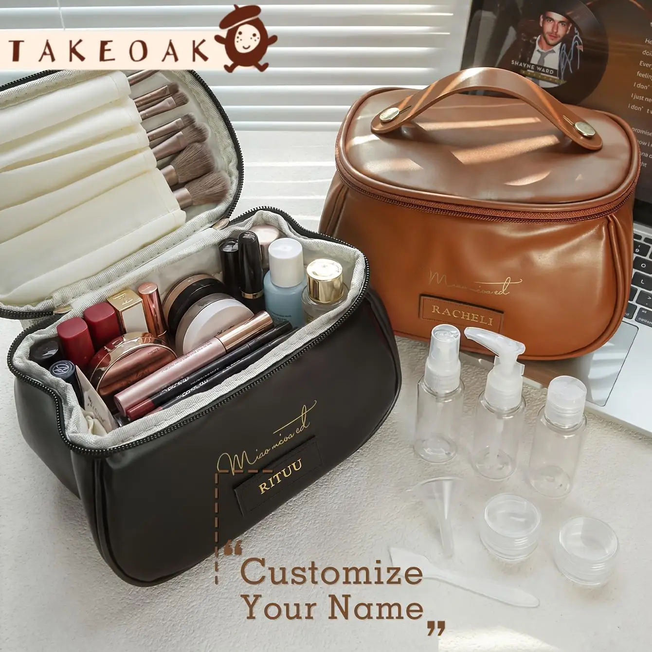 8Pcs Personalized Name Handbag with Refillable Travel Bottles Customized Leather Handbag Custom Makeup Bag Travel Accessories