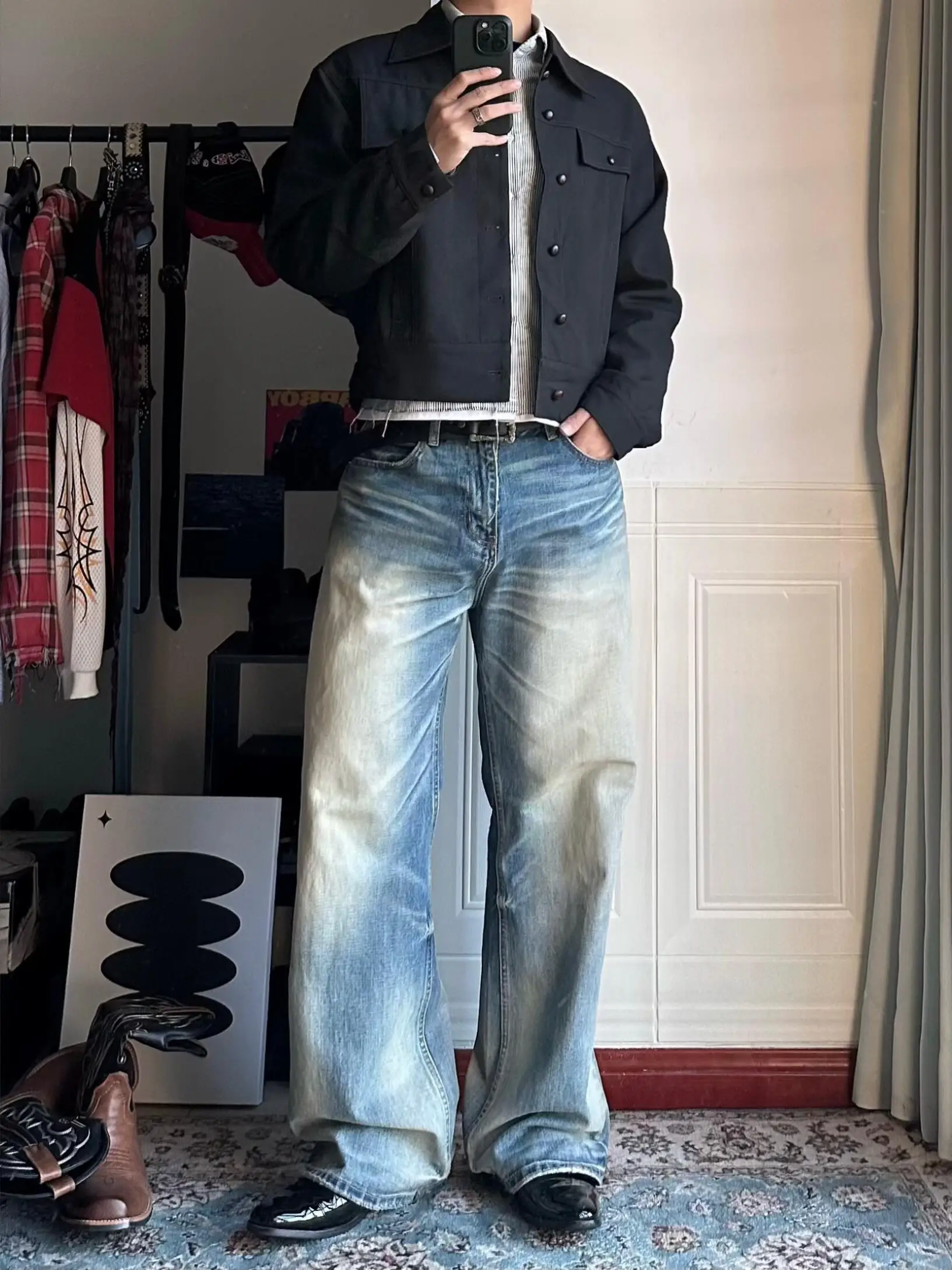 

Мужские джинсы Waed в стиле ретро, американские, свободного кроя, с широкими штанинами, повседневные брюки, осенне-зимние, модные, прямые джинсы-трубы