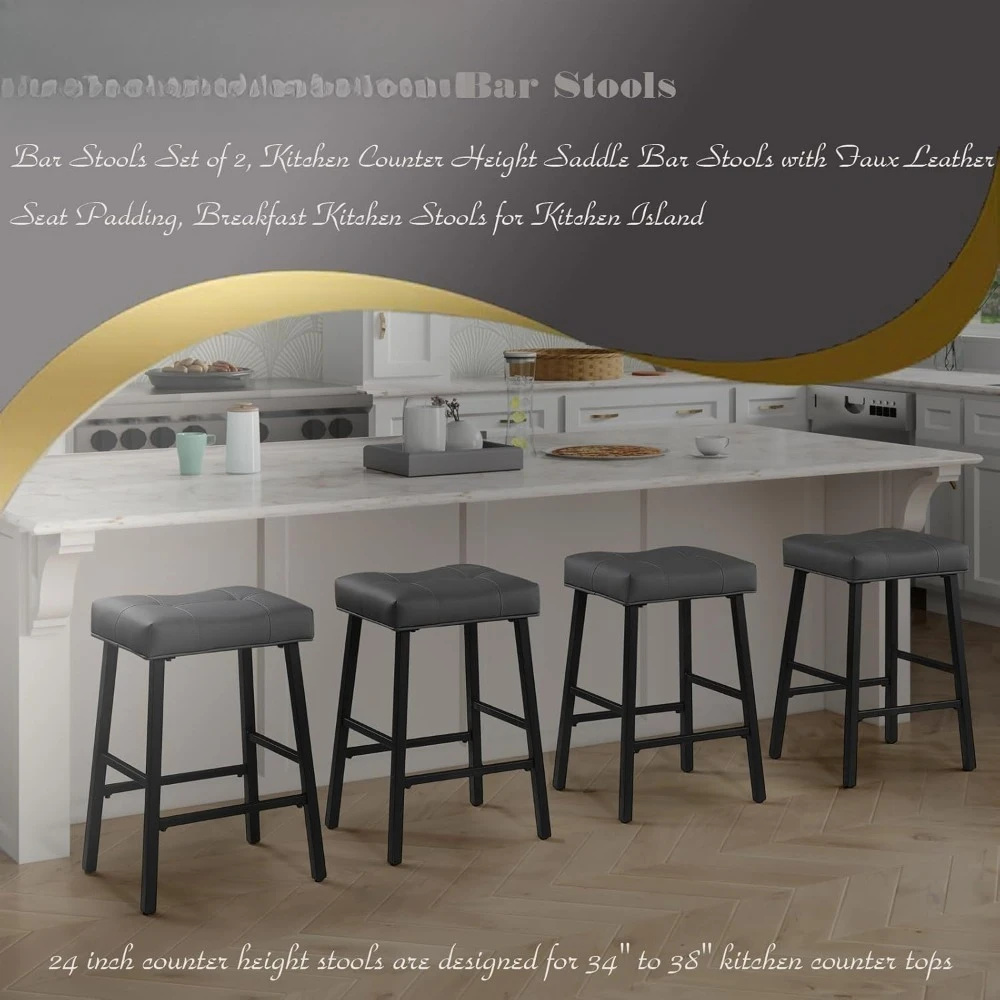 Counter Height Bar Stools Set of 2, 24 Inch Backless Saddle Bar Stools, Upholstered Padded Gray Barstools for Kitchen Counter, H