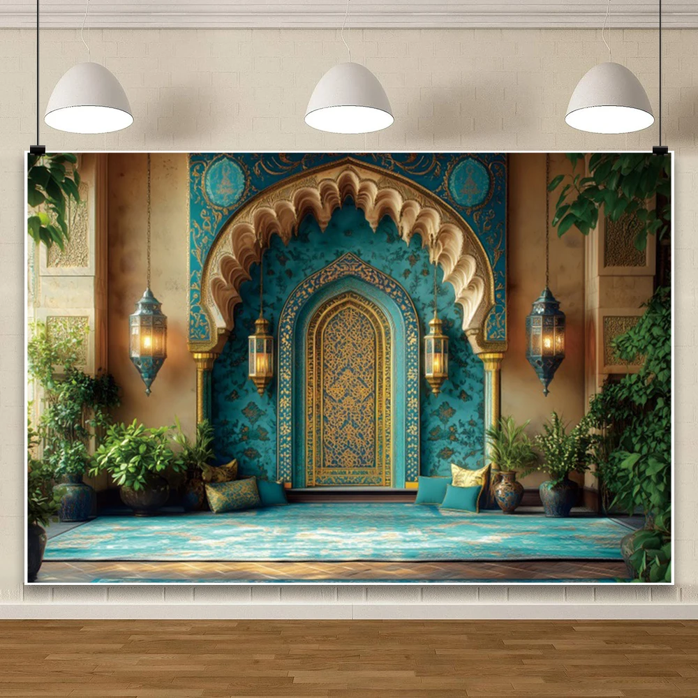 Ramadan 2025 Decoration Background Mubarak Eid Gold Moon Lights Islamic Muslim Building  Photography Backdrop Photo Studio Props