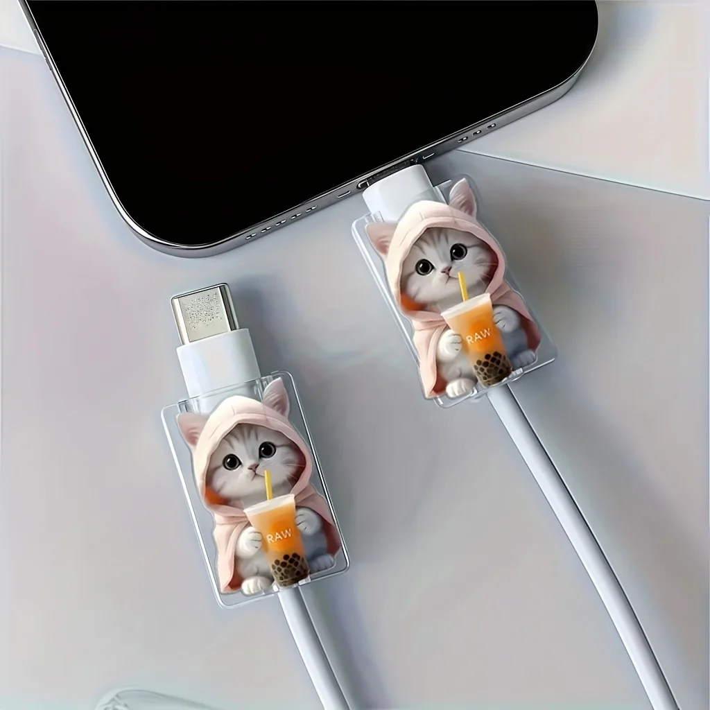 

2pcs Cute Cat Bubble Tea Cable Protectors, Summer Phone Accessory, Anti-Break USB Cable Sleeve for Type-C, Ideal for Daily Use
