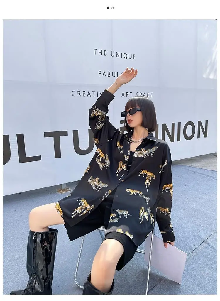 Runway Street Oversized Women Shirt Blouses Long Sleeve Sunscreen Shirt Tigers Print Fashion Loose Female Tunic Tops NS811