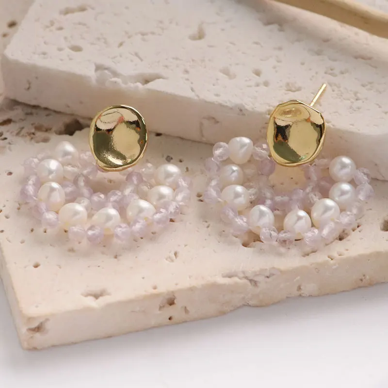 

Red Purple Crystal Beads Drop Earrings for Women Charm Luxury Natural Freshwater Pearl Fan Shaped Stud Earrings Jewelry Gifts