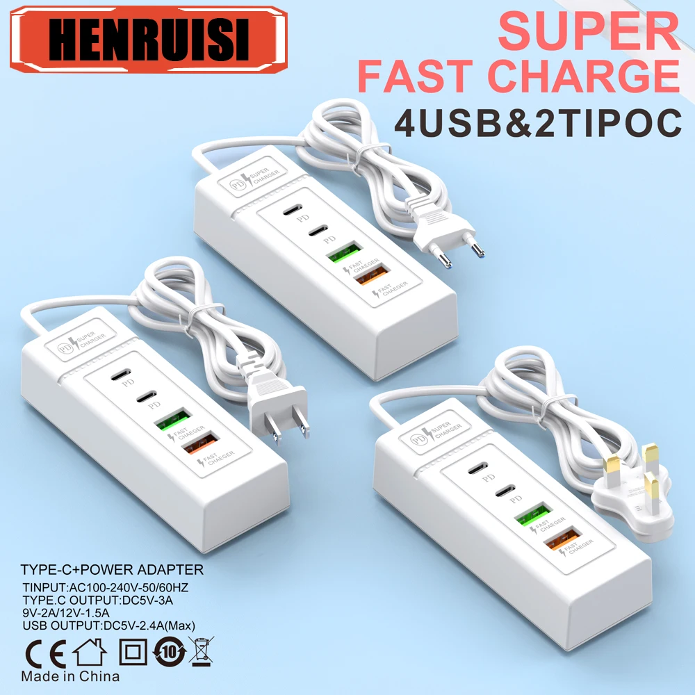 4 Ports USB Fast Charging Type C Wall Charger For iPhone15 14 Samsung Xiaomi Huawei QC3.0 EU/US Plug Phone Charger Power Adapter