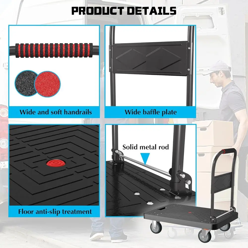 รถเข็นพับได้แบบหนักพร้อมล้อหมุน รับน้ำหนักได้ 1000 ปอนด์ ขนาด 34x22 นิ้ว สำหรับใช้ในบ้านและคลังสินค้า