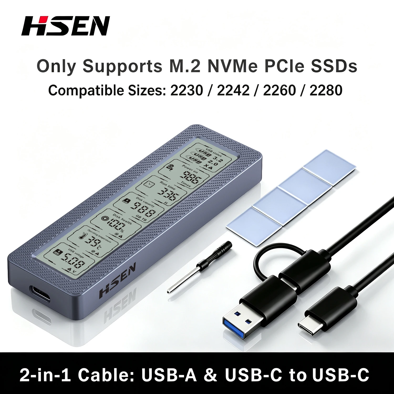 M.2 SSD-Gehäuse mit Smart-Display, Echtzeit-SSD-Zustandsmonitor, USB 3.2 Gen 2 10Gbps, NVMe & SATA Dual-Protokoll M.2 SSD-Gehäuse
