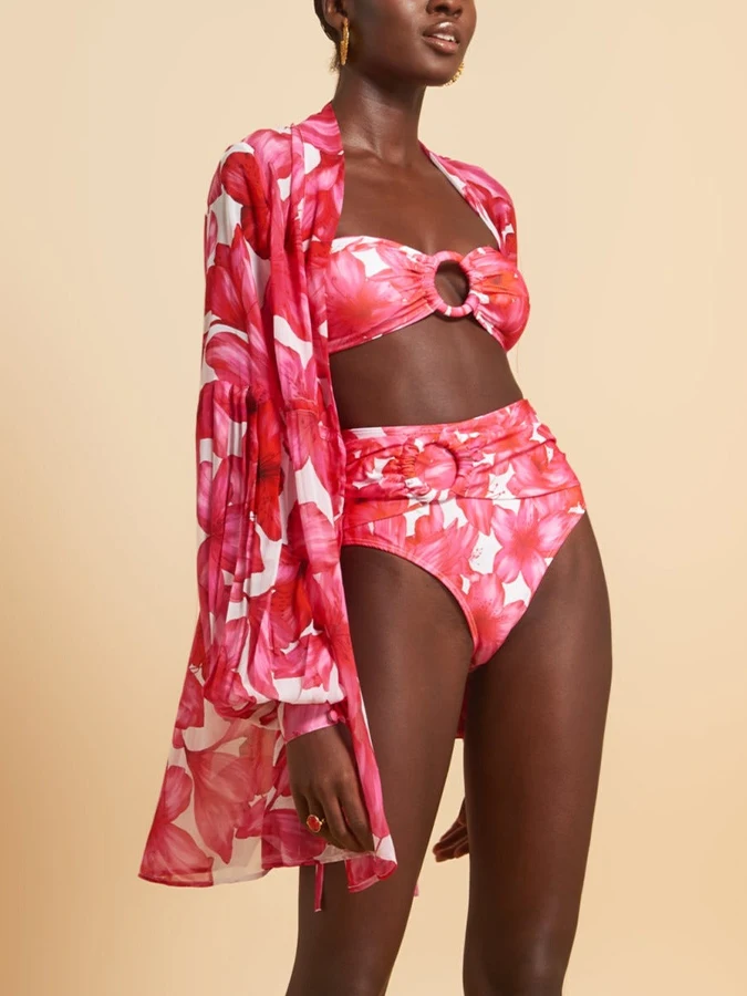 Floral Print Bikini Set Kaftans For Women 2023 Luxury Swimwear Beach Exit Abaya Biquinis 2 Piece Swimsuit and Cover-up Kimono