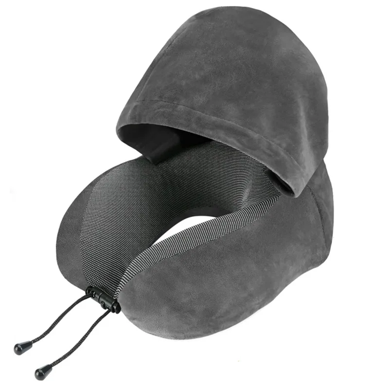 Travel Pillow, Neck Pillow for Travel with Hood for Airplane, Velvet Memory Foam Neck Pillow, 360° Head Support Sleep for Long Flight, Skin-Friendly & Breathable, Kit with 3D Contoured Eye Mask, Earplugs and Storage Bag