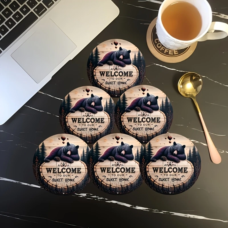 

6 шт. 2D черный медведь Plop тематический узор художественные подставки круглые деревянные термостойкие нескользящие домашний декор подарок многофункциональный