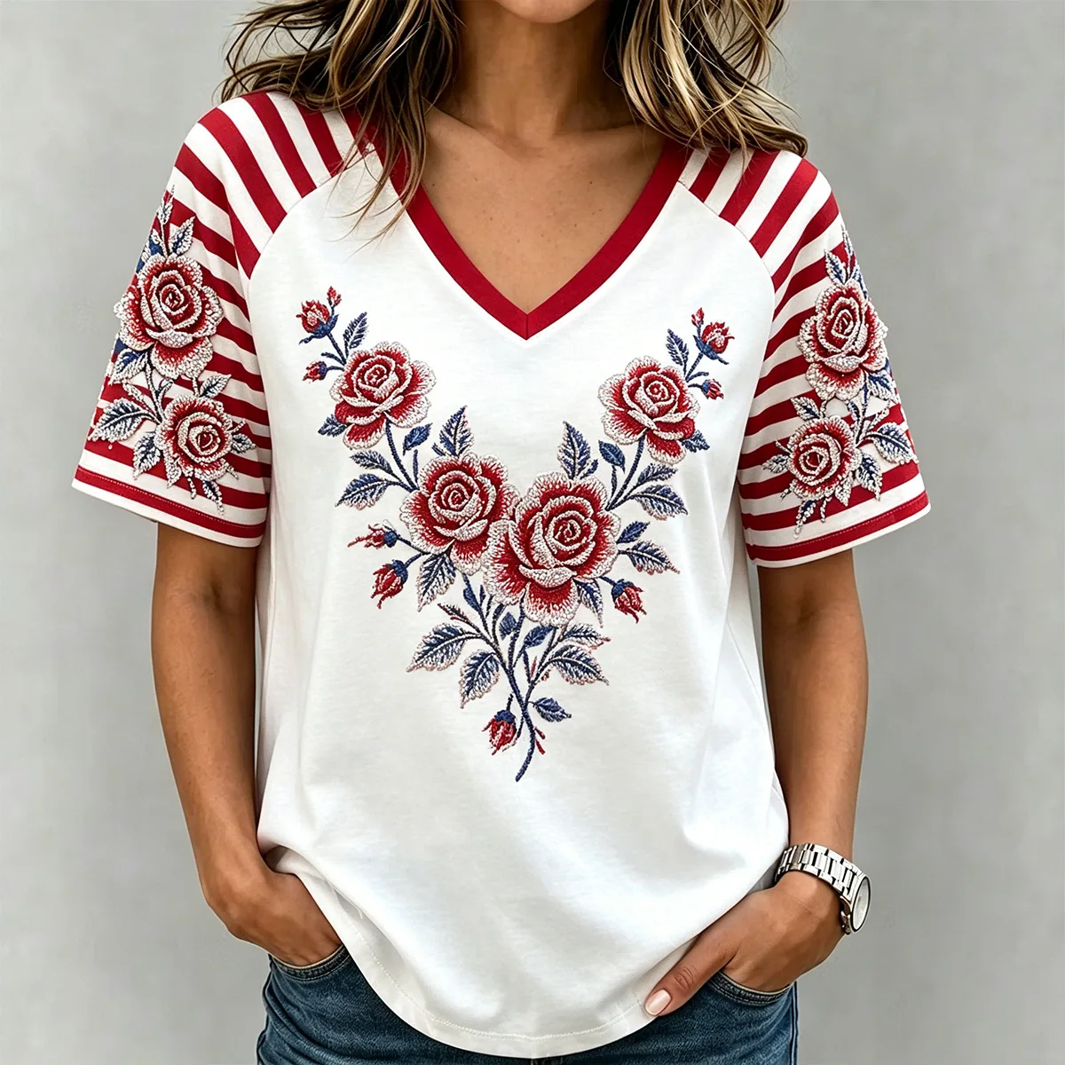 Women Western Retro American Bald Eagle Rose Rhinestone V-Neck Tee Distressed Flag Country Top