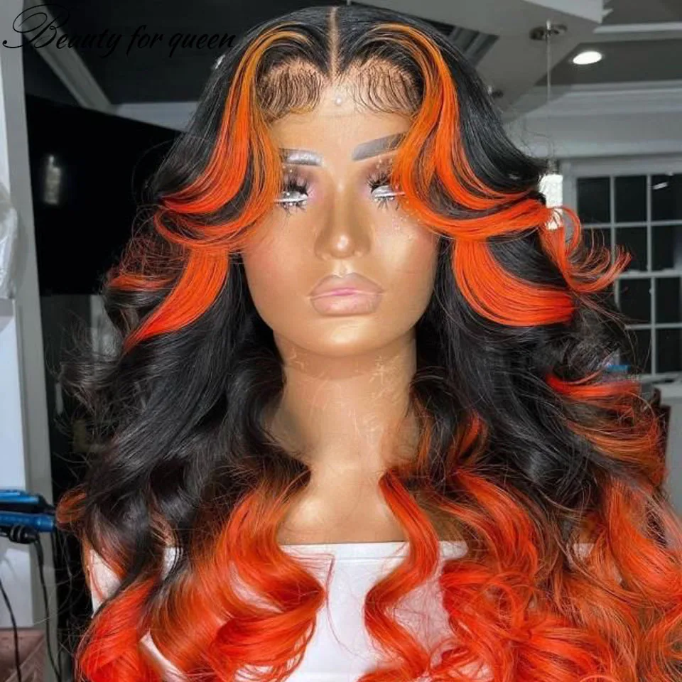 

Cosplay Brazilian Colored Human Hair Wig Ombre Black Orange Red Body Wave Transparent Lace Frontal Wigs For Women Pre Plucked