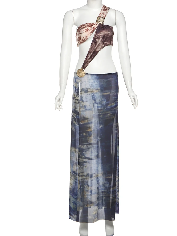 Kliou Asymmetrische Slash Hals Vrouwen Maxi Jurk Trend Sexy Uitgesneden Hoge Split Panelen Print Japon Mujer Midnight Club Party Gewaad