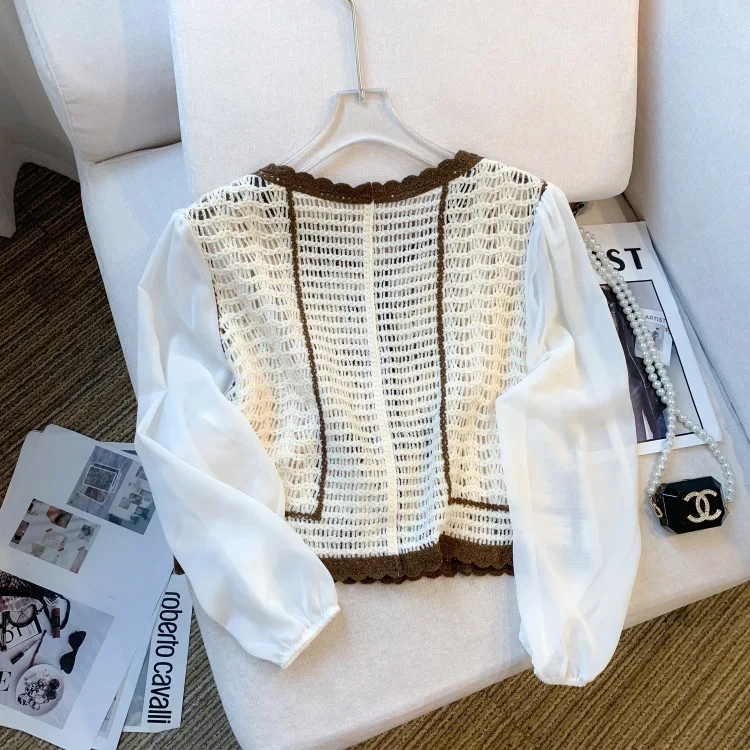 Summer Long Sleeve Crochet Knit Top Geo Embroidery Button Front Open-knit Shirts Woman Blouses Vintage Boho Outfit