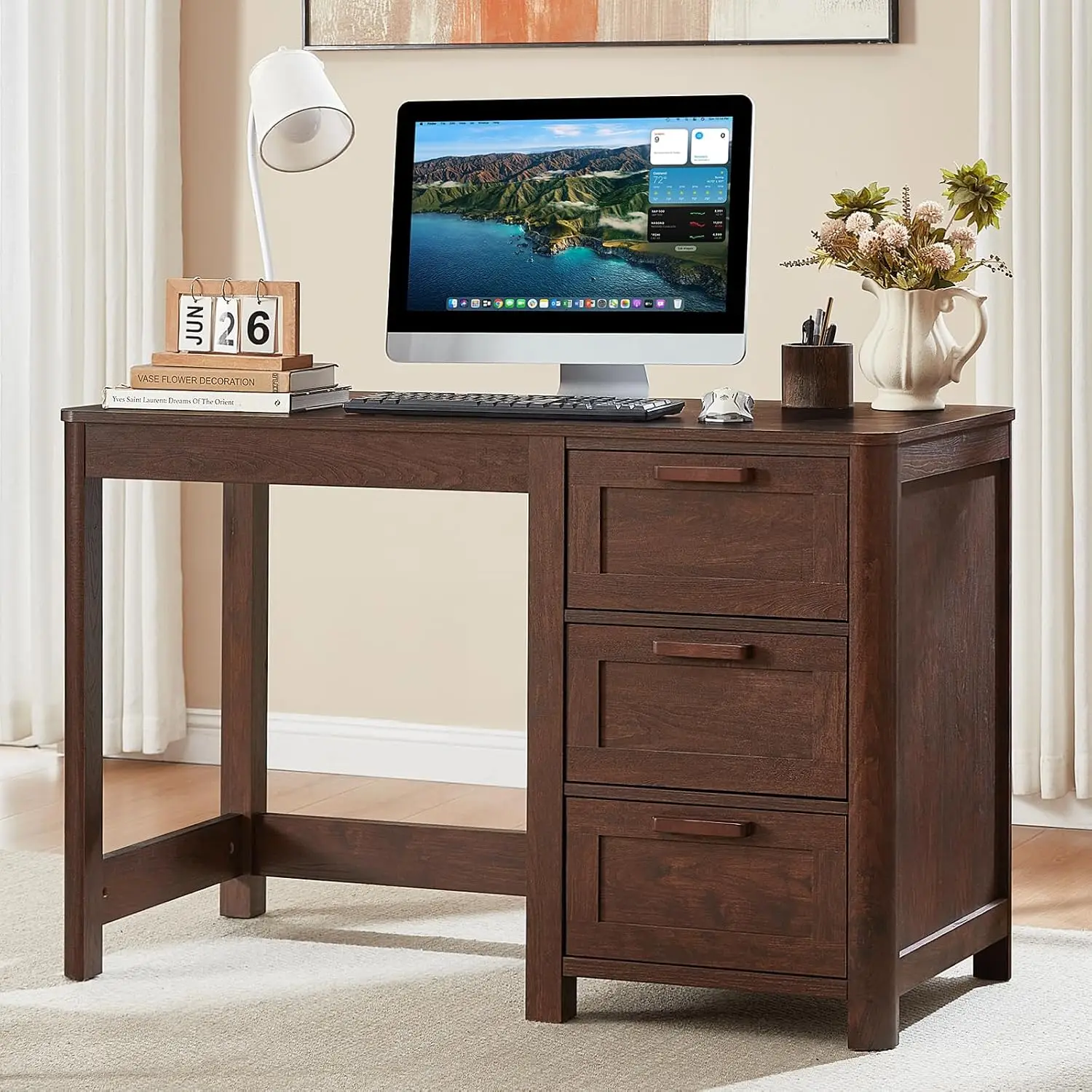 Farmhouse Desk 3 Drawers, 48 Inch Walnut Wood Computer Desk Bedroom Study Small Space, 22 Inch Depth Rounded Corner, Customized