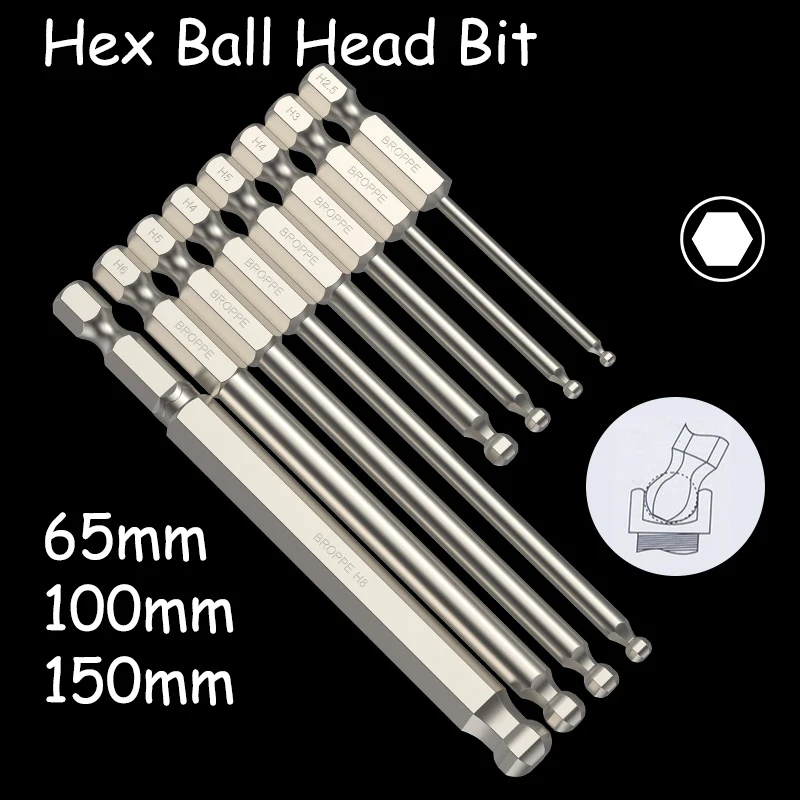 

H2-H8 Ball Head Hex Socket Screwdriver Bit 65/100/150mm 1/4 Inch Shank Magnetic Batch Head Driver Bit Allen Wrench Drill Bit