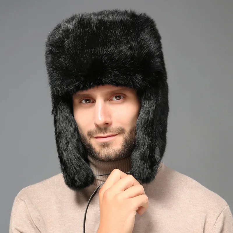 

Rabbit Fur Russian Hat Men Warm Bomber Hat Beanie Ushanka Thick Cap with Ear Flaps for Male Winter Caps Gorro Hombre Hats