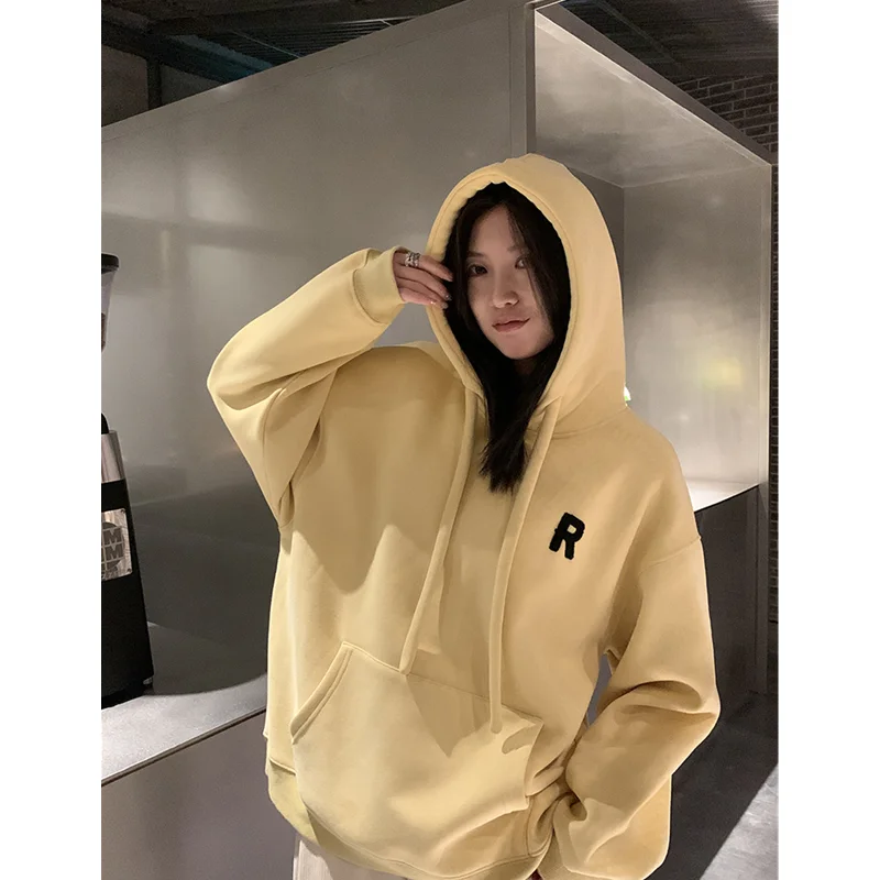 Autumn Womens Clothing Vintage Casual Street Sweatshirt Y2K Hooded Letter Printing Pullover Long Sleeves Oversize Ladies Tops