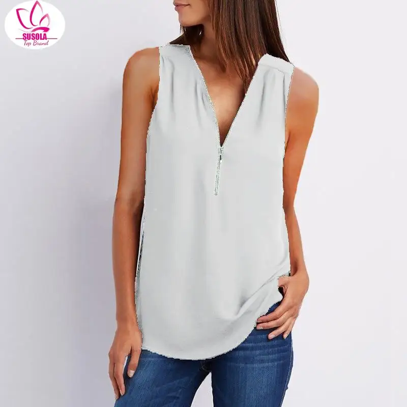 SUSOLA Women Summer Chiffon Blouse Top Lady V Collar Zipper Roll Up Short Sleeves Loose Shirt Blusa Feminina 5XL