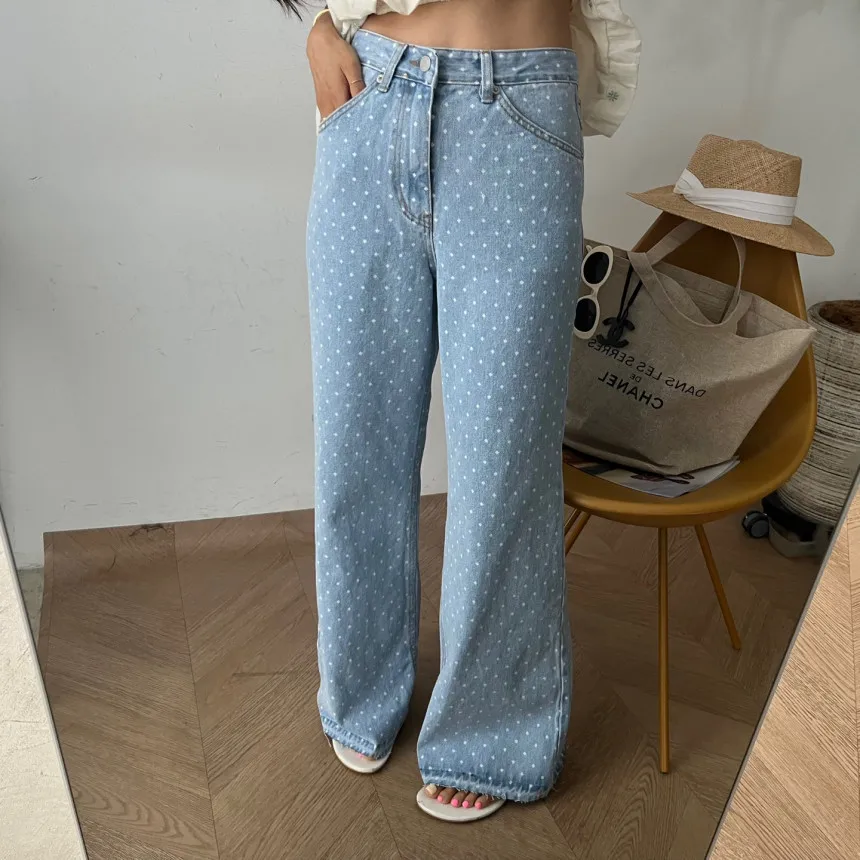 Vintage Blue Wide Leg Jeans Women Dot Printed Chic Korean Fashion Denim Pants Female High Waisted Loose Baggy Jeans Mom