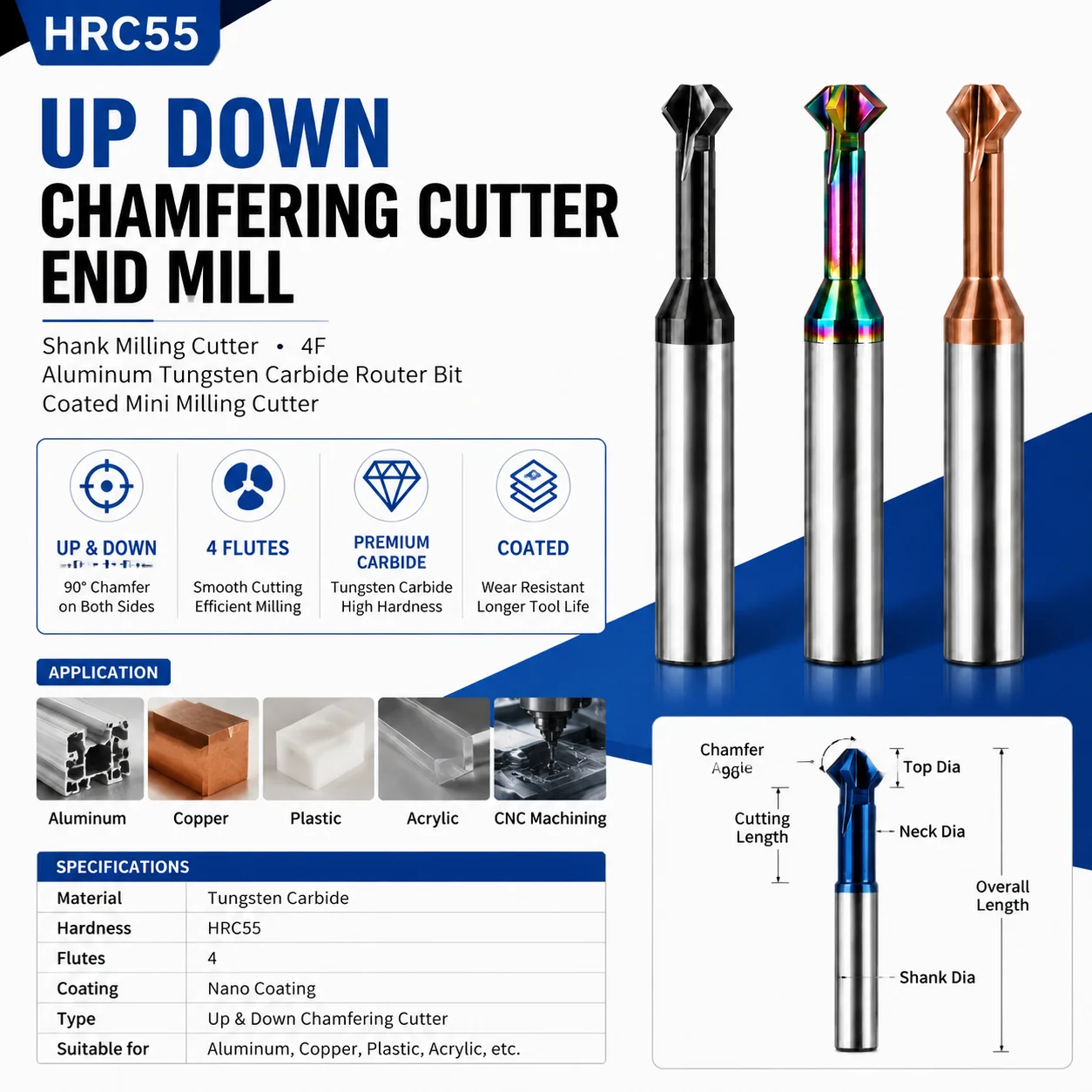 

HRC55 Up & Down Chamfer End Mill 4 Flute Carbide Router Bit for Aluminum Coated Milling Cutter