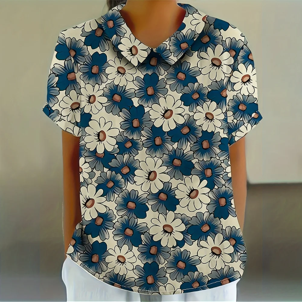 

Flower Print Woman Clothing Summer Casual Lapel Woman Clothes Trendy Women's T-Shirt Korean Reviews Many Clothes Graphic T Shirt