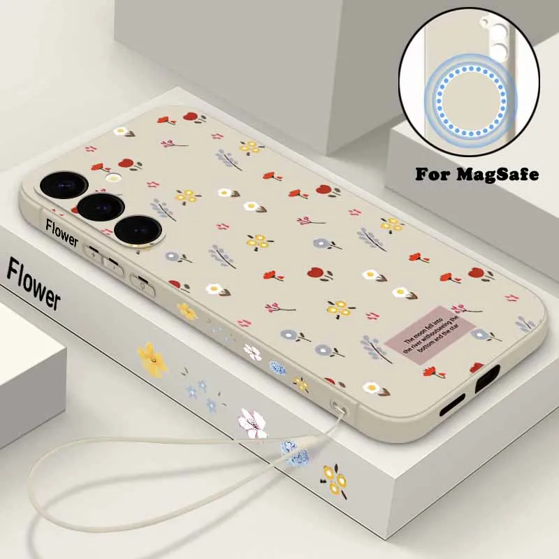 حافظة ناعمة مغناطيسية على شكل زهرة صغيرة لهاتف سامسونج جالاكسي S24 FE S25 S24 S23 S22 Ultra Plus لهاتف Magsafe غطاء حبل للشحن اللاسلكي
