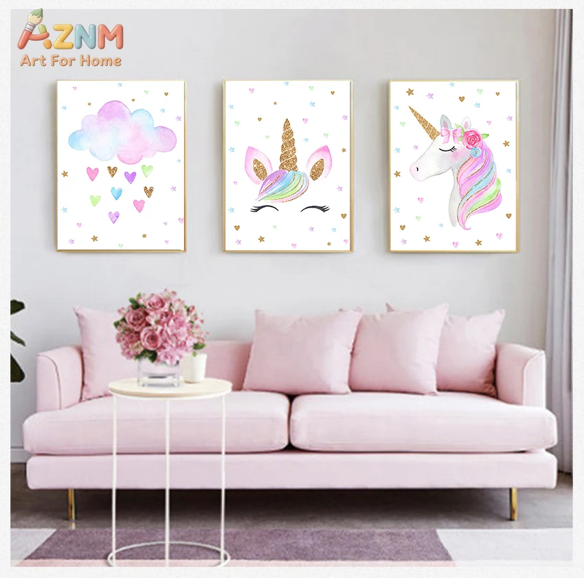 AZNM Cute Unicorn Cloud Canvas Wall Art, Watercolor Rainbow Unicorn Head with Hearts Stars Print, Frameless Magical Unicorn Nurs