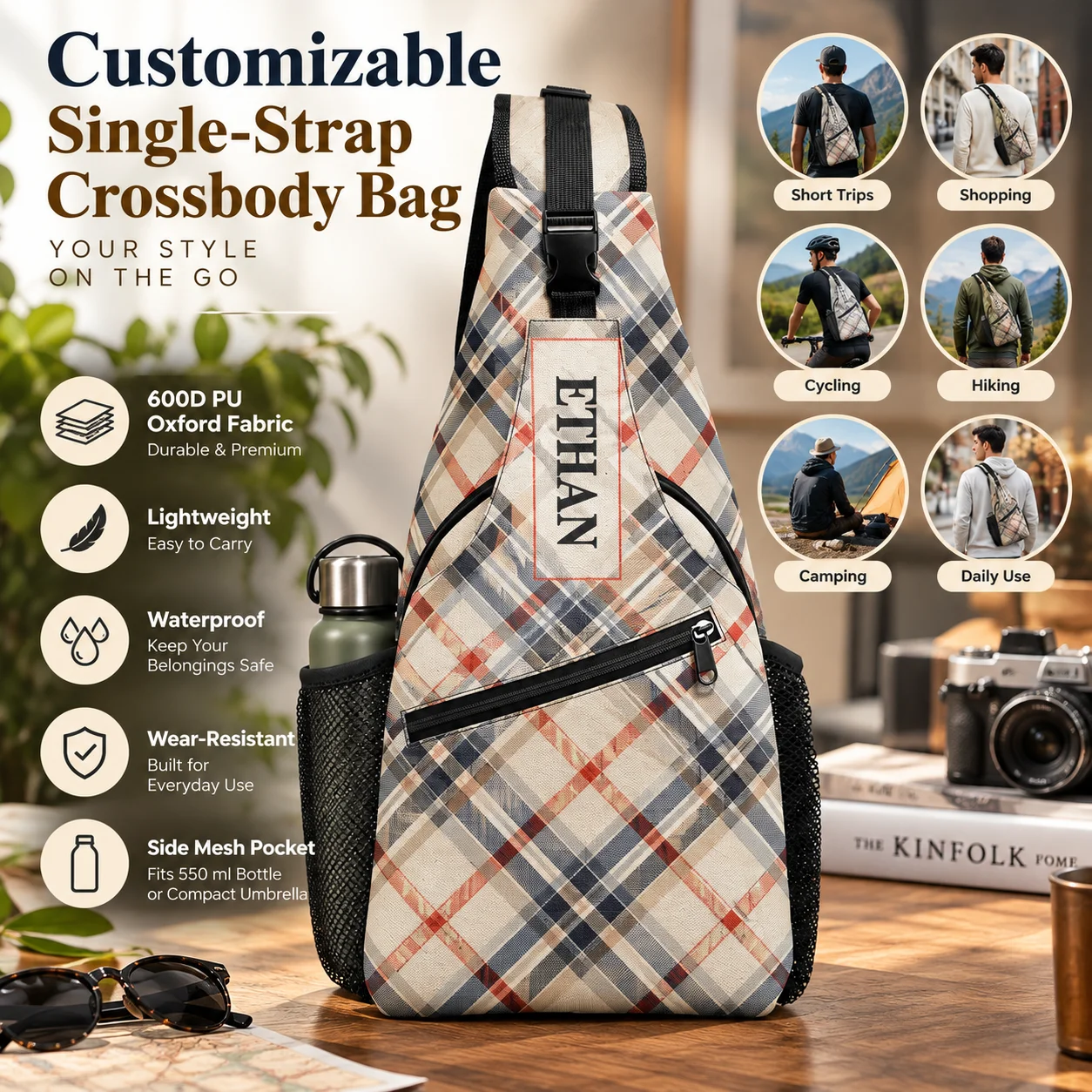 Custom Shoulder Bag for Men Personalized Crossbody Bag 290 Twill Composite Fabric for Work Travel Outdoor Shopping Daily Commute