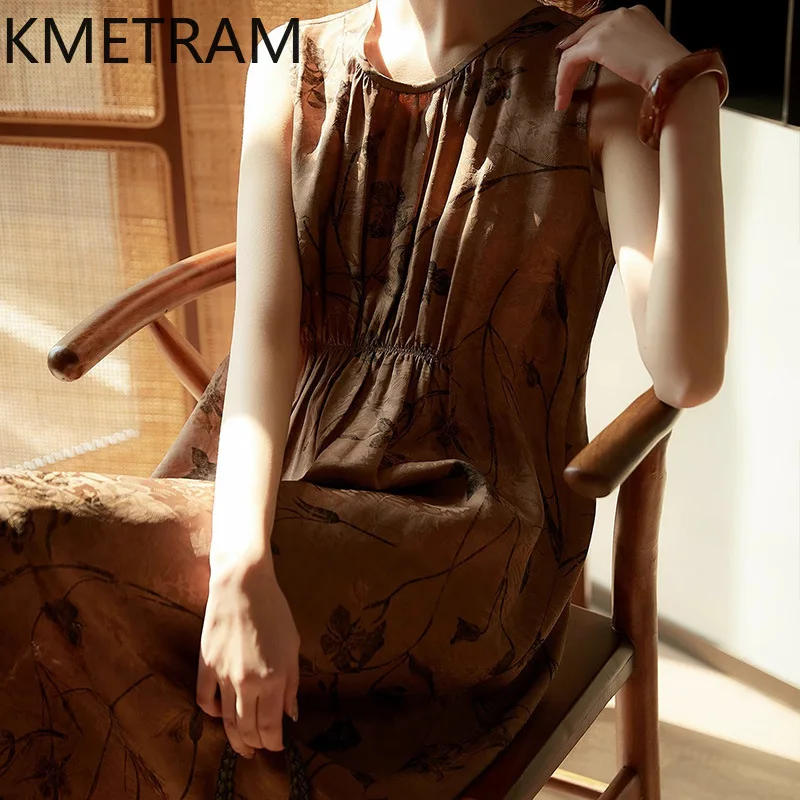 Kmram 100% vestidos regata de seda amoreira mulher vestidos sem mangas de luxo para roupas femininas vestido de verão de alta qualidade robe femme