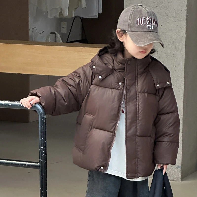 123  Autumn Winter Boys Jacket Solid Color Lamb Fleece Lining Thick Warm Hooded Zipper Coat For Girls Cotton Outwear 2 -10 Years