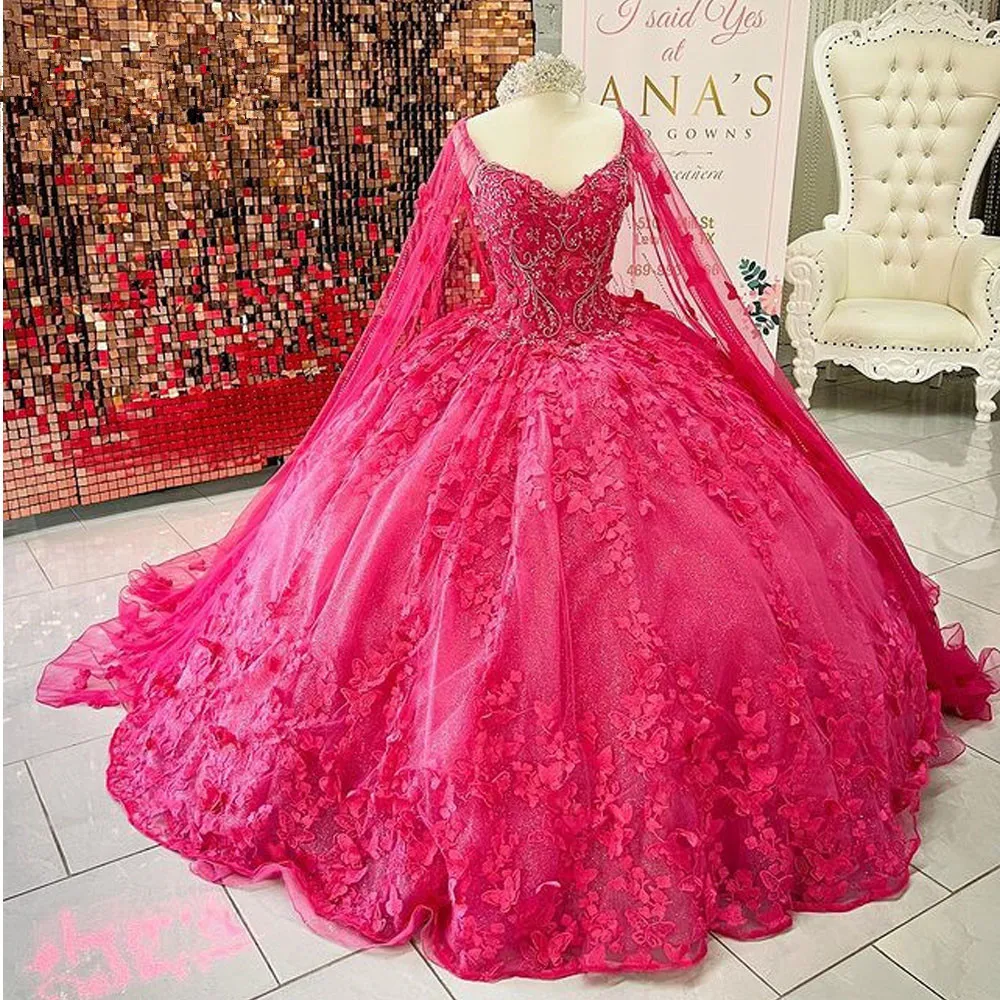 Fuchsia Zoete 16 Quinceanera Jurken Met Cape 2023 Off Shoulder Vlinder Applicaties Prinses Lace-Up Corset Vestidos De 15 años