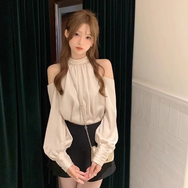 

Women's Shirt and Blouse Off Shoulder Promotion Luxury Designer Youthful Woman Clothes Vintage Aesthetic Halter Neck Female Tops