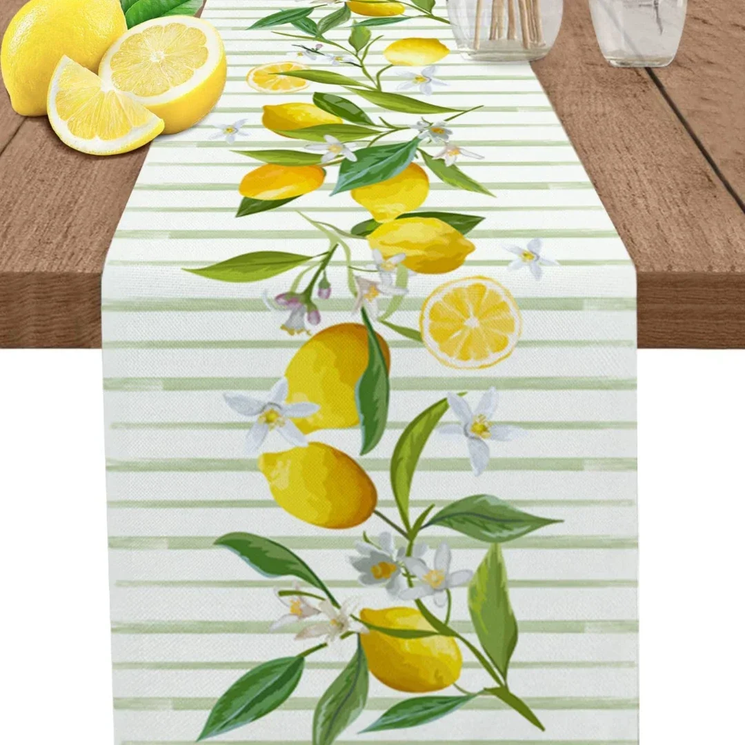 

Summer Lemon Green Stripes Linen Table Runner Wedding Decoration Washable Table Runner for Dining Table Party Decor