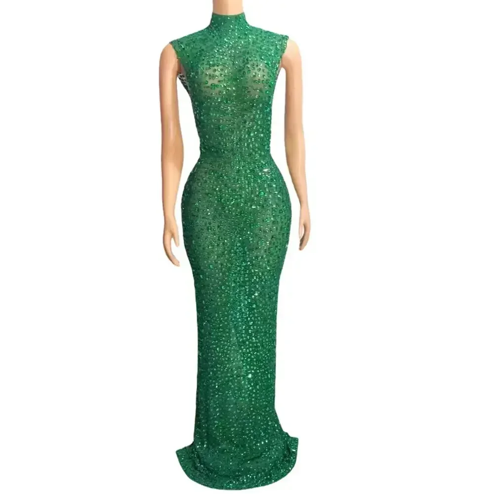 

Celebrate Evening Prom Birthday Dress Singer Show Stage Wear Sparkly Full Rhinestones Long Dress Sexy Mesh See Through Women